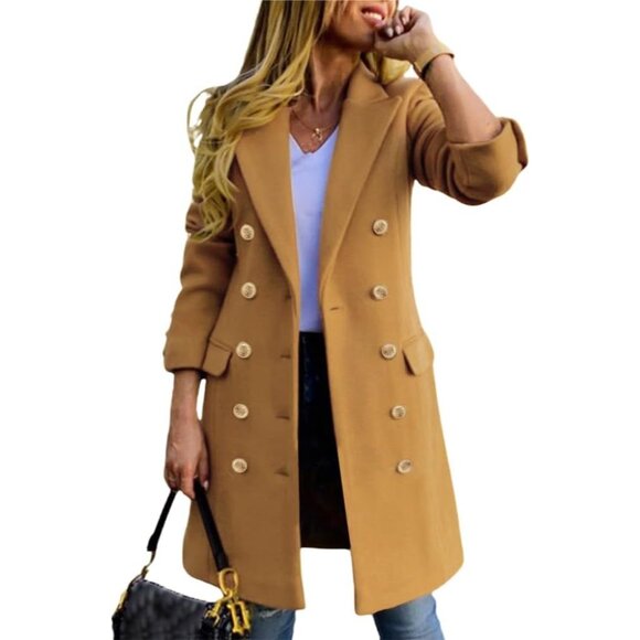 Womens  Camel Fall Winter Wool Coats Double Breasted Midi Peacoat Trench Coats - Picture 1 of 5